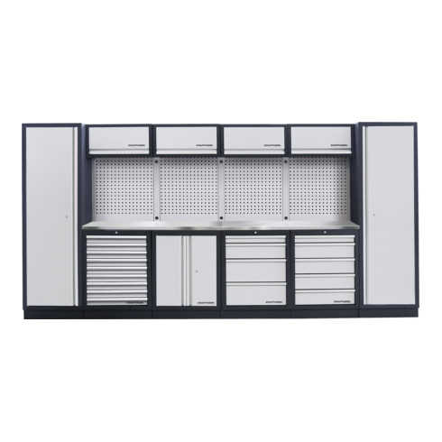 Kraftwerk 6-Element-Schrankwand mit Vierkantlochwand Länge 3920 mm INOX-Arbeitsplatte