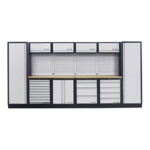 Kraftwerk 6-Element-Schrankwand mit Vierkantlochwand Länge 3920 mm Multiplex-Arbeitsplatte Kraftwerk 6-Element-Schrankwand mit Vierkantlochwand Länge 3920 mm Multiplex-Arbeitsplatte