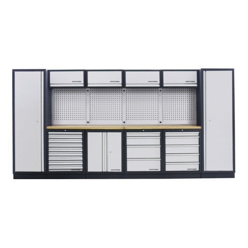 Kraftwerk 6-Element-Schrankwand mit Vierkantlochwand Länge 3920 mm Multiplex-Arbeitsplatte