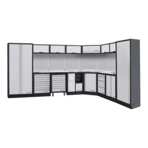 Kraftwerk 8-Element-Schrankwand mit Vierkantlochwand Länge 3819 mm 2824 mm Inox Arbeitsplatte Kraftwerk 8-Element-Schrankwand mit Vierkantlochwand Länge 3819 mm 2824 mm Inox Arbeitsplatte