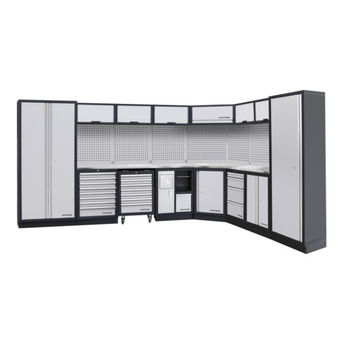 Kraftwerk 8-Element-Schrankwand mit Vierkantlochwand Länge 3819 mm 2824 mm Inox Arbeitsplatte