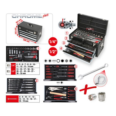 KS Tools 1/4"+1/2" CHROMEplus Universal-Werkzeug-Satz, 99-teilig