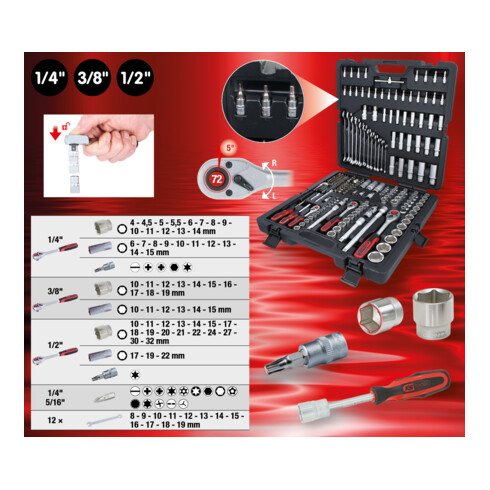 KS Tools 1/4 Zoll+3/8 Zoll+1/2 Zoll Steckschlüssel-Satz, 216-tlg.