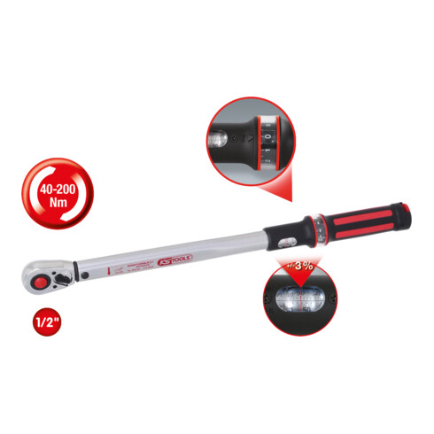 KS Tools Aktion 1/2" ERGOTORQUE®precision Ratschen-Drehmomentschlüssel, 40-200Nm, rot