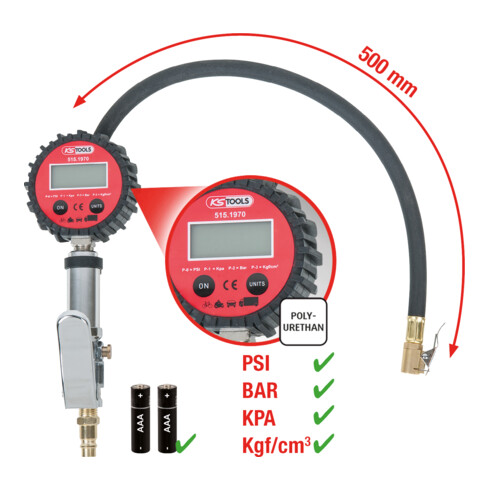 KS Tools Digitaler Druckluft-Reifenfüllmesser,0-14bar