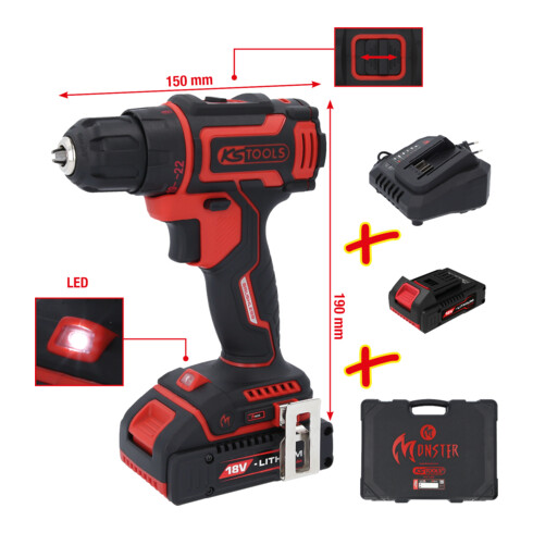 KS Tools eMONSTER Brushless-Akku-Bohr-Schrauber-Satz, 4-tlg