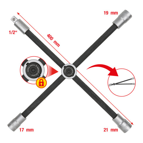 KS Tools Rad-Kreuzschlüssel mit Gleitgelenk für PKW, 1/2"x17x19x21mm