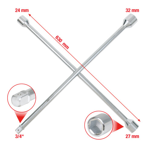 KS Tools Radkreuzschlüssel für LKW, 3/4"x24x27x32mm