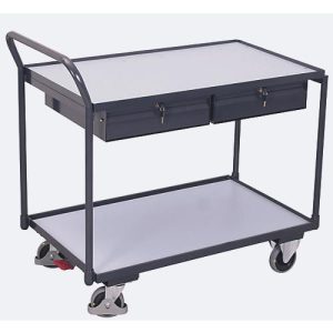 Leichter ESD-Tischwagen, Stahl/Spanplatte, Graphitgrau/Lichtgrau, 2 Etagen, L 985 x B 605 mm, 2 Schubladen, TPE-Rollen mit EasySTOP, bis 250 kg Leichter ESD-Tischwagen, Stahl/Spanplatte, Graphitgrau/Lichtgrau, 2 Etagen, L 985 x B 605 mm, 2 Schubladen, TPE-Rollen mit EasySTOP, bis 250 kg