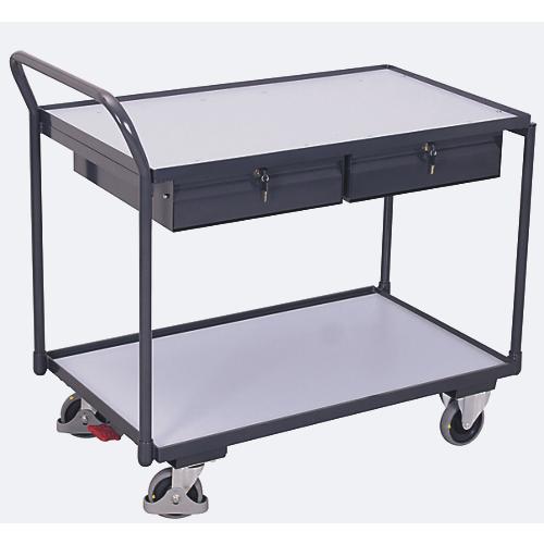 Leichter ESD-Tischwagen, Stahl/Spanplatte, Graphitgrau/Lichtgrau, 2 Etagen, L 985 x B 605 mm, 2 Schubladen, TPE-Rollen mit EasySTOP, bis 250 kg