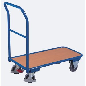 Leichter Schiebebügelwagen, Stahl/MDF-Platte, Enzianblau/Buche-Dekor, L 850 x B 450 mm, mit Querstrebe, TPE-Rollen mit EasySTOP, bis 200 kg Leichter Schiebebügelwagen, Stahl/MDF-Platte, Enzianblau/Buche-Dekor, L 850 x B 450 mm, mit Querstrebe, TPE-Rollen mit EasySTOP, bis 200 kg