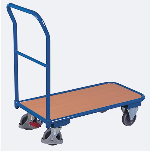 Leichter Schiebebügelwagen, Stahl/MDF-Platte, Enzianblau/Buche-Dekor, L 850 x B 450 mm, mit Querstrebe, TPE-Rollen mit EasySTOP, bis 200 kg