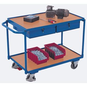 Leichter Tischwagen, Stahl/MDF-Platte, Enzianblau/Buche-Dekor, 2 Etagen, L 985 x B 605 mm, 2 Schubladen, TPE-Rollen mit EasySTOP, bis 250 kg Leichter Tischwagen, Stahl/MDF-Platte, Enzianblau/Buche-Dekor, 2 Etagen, L 985 x B 605 mm, 2 Schubladen, TPE-Rollen mit EasySTOP, bis 250 kg