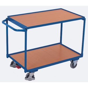 Leichter Tischwagen, Stahl/MDF-Platte, Enzianblau/Buche-Dekor, 2 Etagen, L 985 x B 605 mm, TPE-Rollen mit EasySTOP, bis 250 kg Leichter Tischwagen, Stahl/MDF-Platte, Enzianblau/Buche-Dekor, 2 Etagen, L 985 x B 605 mm, TPE-Rollen mit EasySTOP, bis 250 kg