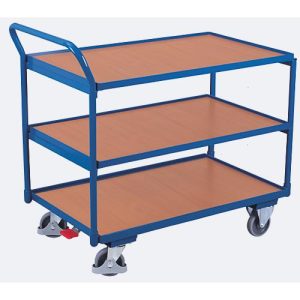 Leichter Tischwagen, Stahl/MDF-Platte, Enzianblau/Buche-Dekor, 3 Etagen, L 835 x B 505 mm, TPE-Rollen mit EasySTOP, bis 250 kg Leichter Tischwagen, Stahl/MDF-Platte, Enzianblau/Buche-Dekor, 3 Etagen, L 835 x B 505 mm, TPE-Rollen mit EasySTOP, bis 250 kg