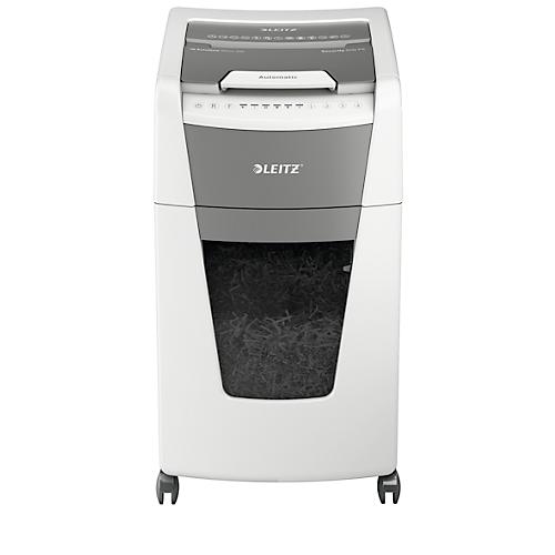 Leitz IQ Autofeed Office Pro 600 Aktenvernichter P4, Vollautomatik, Partikelschnitt 4 x 36 mm, 110 l, 600 Blatt Schnittleistung, mit Rollen, weiß