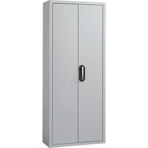 Magazinschrank, 1690 mm hoch, 9 Böden, 40 rote Kästen, mit Türen, hellsilber Magazinschrank, 1690 mm hoch, 9 Böden, 40 rote Kästen, mit Türen, hellsilber