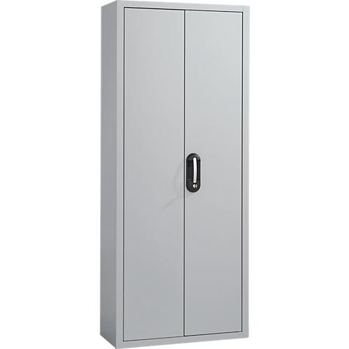 Magazinschrank, 1690 mm hoch, 9 Böden, 40 rote Kästen, mit Türen, hellsilber