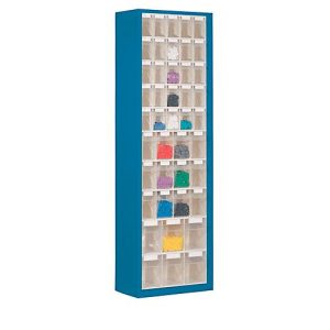 Magazinschrank, Volumen 333 l, 43 herausnehmbare Klappkästen mit Griffmulde, B 665 x T 250 x H 2000 mm, enzianblau/transparent Magazinschrank, Volumen 333 l, 43 herausnehmbare Klappkästen mit Griffmulde, B 665 x T 250 x H 2000 mm, enzianblau/transparent