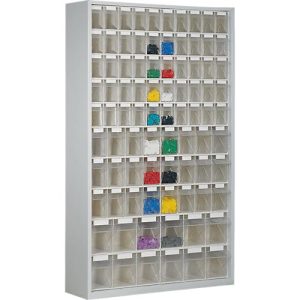 Magazinschrank, Volumen 635 l, 86 herausnehmb. Klappkästen m. Griffmulde, B 1270 x T 250 x H 2000 mm, l.grau/transparent Magazinschrank, Volumen 635 l, 86 herausnehmb. Klappkästen m. Griffmulde, B 1270 x T 250 x H 2000 mm, l.grau/transparent