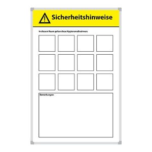 Magnettafel Hygienehinweise, 12 gelbe Magnete, beschreibbar, Stahlblech/Aluminium, weiß, B 450 x H 600 mm Magnettafel Hygienehinweise, 12 gelbe Magnete, beschreibbar, Stahlblech/Aluminium, weiß, B 450 x H 600 mm