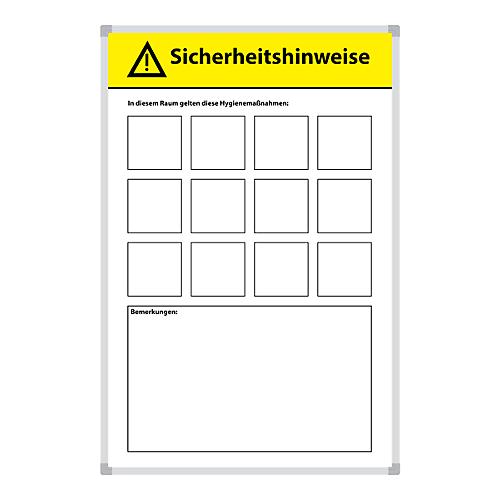 Magnettafel Hygienehinweise, 12 gelbe Magnete, beschreibbar, Stahlblech/Aluminium, weiß, B 450 x H 600 mm