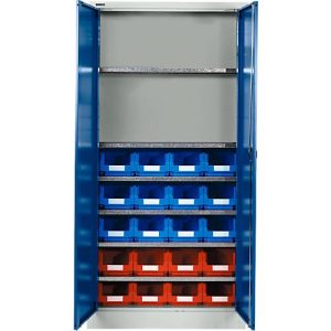 Materialschrank mit 20 Sichtlagerkästen LF 321, H 1935 mm, lichtgrau,enzianblau Materialschrank mit 20 Sichtlagerkästen LF 321, H 1935 mm, lichtgrau,enzianblau