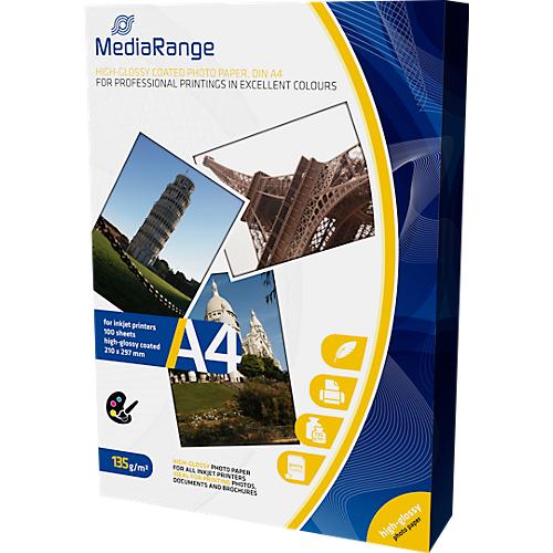 MediaRange Fotopapier A4, für Tintenstrahldrucker, hochglänzend, 100 Blatt a 135 g