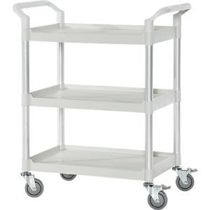 Mehrzweckwagen, 4 TPR-Lenkrollen mit 2 Feststellern, 3 Etagen, L 680 x B 450 mm, Kunststoff/Aluminium, lichtgrau/alusilber Mehrzweckwagen, 4 TPR-Lenkrollen mit 2 Feststellern, 3 Etagen, L 680 x B 450 mm, Kunststoff/Aluminium, lichtgrau/alusilber