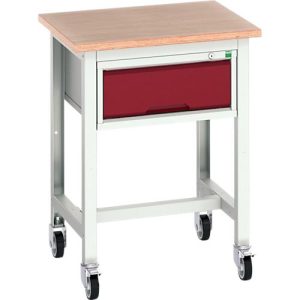 Mobile Werkbank Bott verso, Multiplex-Platte, mit Querstrebenset, 1 Schublade, B 700 x T 600 x H 930 mm, Lichtgrau / Purpurrot