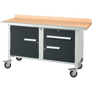 Mobile Werkbank Schäfer Shop Select PWi 150-3, Buche-Dekor Multiplexplatte, mit Stahlkante, bis 400 kg, B 1500 x T 700 x H 840 mm