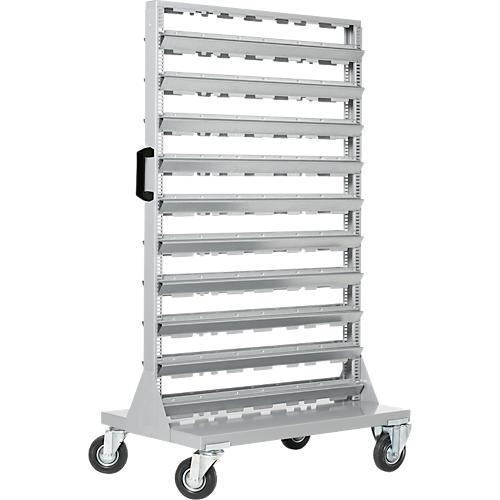 Mobiles Kleinteilemagazin, 2-seitig bestückbar, ohne Sichtlagerkästen, B 825 x T 550 x H 1450 mm, Stahl, grau