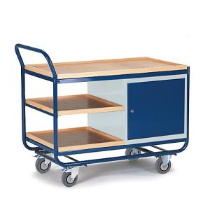 Montagewagen mit 3 Etagen und Stahlschrank, mit Feststeller Montagewagen mit 3 Etagen und Stahlschrank, mit Feststeller