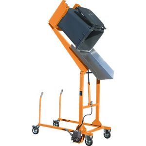 Mülltonnen-Kippstation MKS, für 120 & 240 l Tonnen, Ausschütthöhe 1480 mm, Kippw. 135°, bis 110 kg, Rollen, Fußpumpe, RAL 2000 Mülltonnen-Kippstation MKS, für 120 & 240 l Tonnen, Ausschütthöhe 1480 mm, Kippw. 135°, bis 110 kg, Rollen, Fußpumpe, RAL 2000