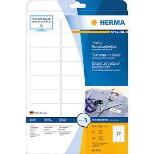 Namens- und Textiletiketten Herma, A4, 63,5 x 29,6 mm, weiß, ohne Streifen, 540 Stück Namens- und Textiletiketten Herma, A4, 63,5 x 29,6 mm, weiß, ohne Streifen, 540 Stück