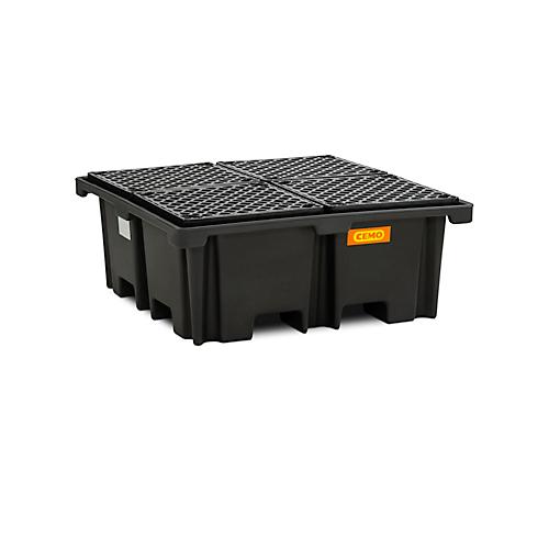 PE-Auffangwanne CEMO 400/4, mit 4 PE-Gitterrosten, B 1290 x T 1290 x H 500 mm, 400 l, für 4 x 200 l Fässer, bis 1200 kg