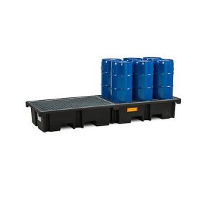 PE-Palettenauffangwanne CEMO 425/4e für 2 Europaletten längs, L 2420 x B 880 x H 360 mm, 425 l, für 4 x 200 l Fässer, Stahl-Gitterrost PE-Palettenauffangwanne CEMO 425/4e für 2 Europaletten längs, L 2420 x B 880 x H 360 mm, 425 l, für 4 x 200 l Fässer, Stahl-Gitterrost