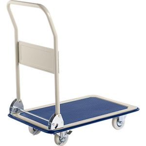 Plattformwagen, um 90° klappbarer Schiebegriff, mit Feststellern, bis 150 kg, L 740 x B 480 x H 860 mm, Stahl, grau