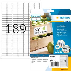 Power-Etiketten HERMA 10900, 25,4 x 10 mm, 4725 Etiketten / 25 A4-Blätter, selbstklebend, stark haftend, weiß Power-Etiketten HERMA 10900, 25,4 x 10 mm, 4725 Etiketten / 25 A4-Blätter, selbstklebend, stark haftend, weiß