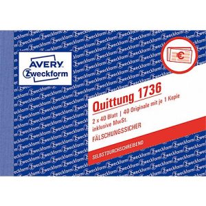 Quittung Avery Zweckform 1736, inkl. MwSt., A6 Querformat, 1 Block mit 2 x 40 Blatt, FSC®-Papier, weiß/gelb Quittung Avery Zweckform 1736, inkl. MwSt., A6 Querformat, 1 Block mit 2 x 40 Blatt, FSC®-Papier, weiß/gelb