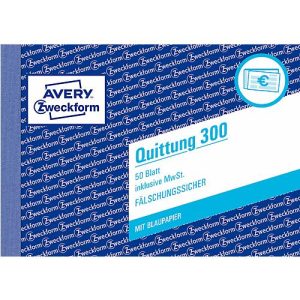 Quittung Avery Zweckform 300, inkl. MwSt., A6 Querformat, 1 Block mit 50 Blatt, FSC®-Papier, weiß Quittung Avery Zweckform 300, inkl. MwSt., A6 Querformat, 1 Block mit 50 Blatt, FSC®-Papier, weiß