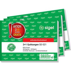 Quittungsblock Sigel SD021, A6 quer, 2 x 40 Blatt, selbstdurchschr., 2 Stck + 1 GRATIS Quittungsblock Sigel SD021, A6 quer, 2 x 40 Blatt, selbstdurchschr., 2 Stck + 1 GRATIS