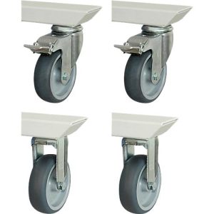 Rau Rollensatz für höhenverstellbare Arbeitstische Adlatus 150, 2 Bock-und 2 Lenkrollen mit Feststeller, Ø 100 mm, H 135 mm, TPR, grau Rau Rollensatz für höhenverstellbare Arbeitstische Adlatus 150, 2 Bock-und 2 Lenkrollen mit Feststeller, Ø 100 mm, H 135 mm, TPR, grau