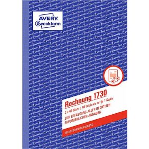 Rechnung Avery Zweckform 1730, Format A5, 1 Buch mit 2 x 40 Blatt, FSC®-Papier, weiß/gelb Rechnung Avery Zweckform 1730, Format A5, 1 Buch mit 2 x 40 Blatt, FSC®-Papier, weiß/gelb