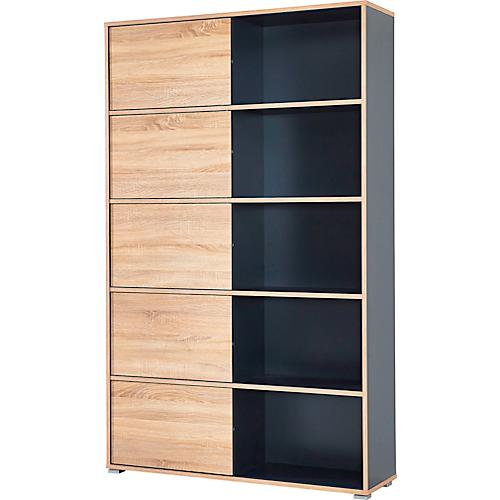 Regal Home Office, 5 Ordnerhöhen, mit Schiebetüren, B 1200 x T 350 x H 1960 mm, Spanplatte, Korpus anthrazit, Front Sonoma Eiche