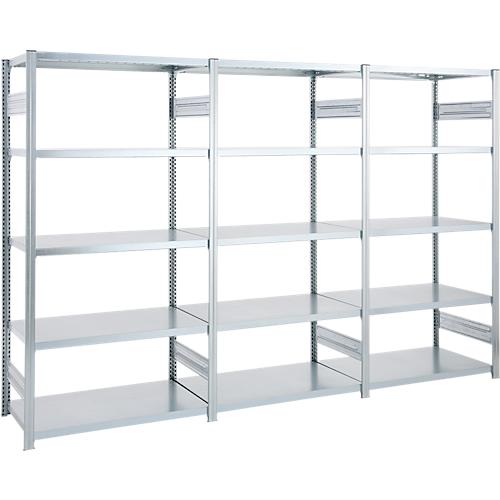 Regalkombination ORDO Industry, 1 Grundregal + 2 Anbauregale, 15 Fachböden, modular, Fachlast 130 kg, Feldlast 1000 kg, B 2330 x T 835 x H 2500 mm, verzinkt