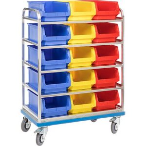 Regalwagen GMÖHLING G®-Rack E 2801, durchbrochen, bis 300 kg, 5 Etagen, für 15 Sichtlagerkästen Regalwagen GMÖHLING G®-Rack E 2801, durchbrochen, bis 300 kg, 5 Etagen, für 15 Sichtlagerkästen