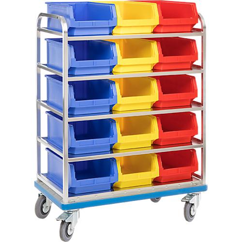 Regalwagen GMÖHLING G®-Rack E 2801, durchbrochen, bis 300 kg, 5 Etagen, für 15 Sichtlagerkästen