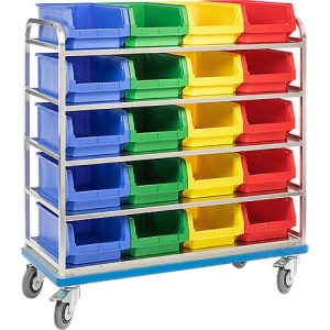 Regalwagen GMÖHLING G®-Rack E 2801, durchbrochen, bis 300 kg, 5 Etagen, für 20 Sichtlagerkästen Regalwagen GMÖHLING G®-Rack E 2801, durchbrochen, bis 300 kg, 5 Etagen, für 20 Sichtlagerkästen