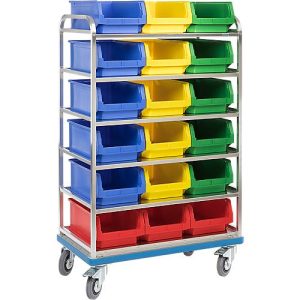 Regalwagen GMÖHLING G®-Rack E 2801, durchbrochen, bis 300 kg, 6 Etagen, für 18 Sichtlagerkästen Regalwagen GMÖHLING G®-Rack E 2801, durchbrochen, bis 300 kg, 6 Etagen, für 18 Sichtlagerkästen